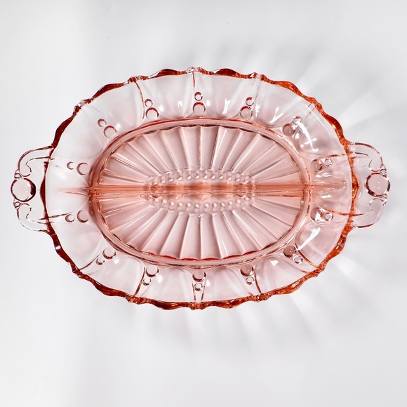 VTG Pink Depression Glass Oval Divided Candy Relish Dish 12" Long Oyster Pearl - Picture 7 of 10